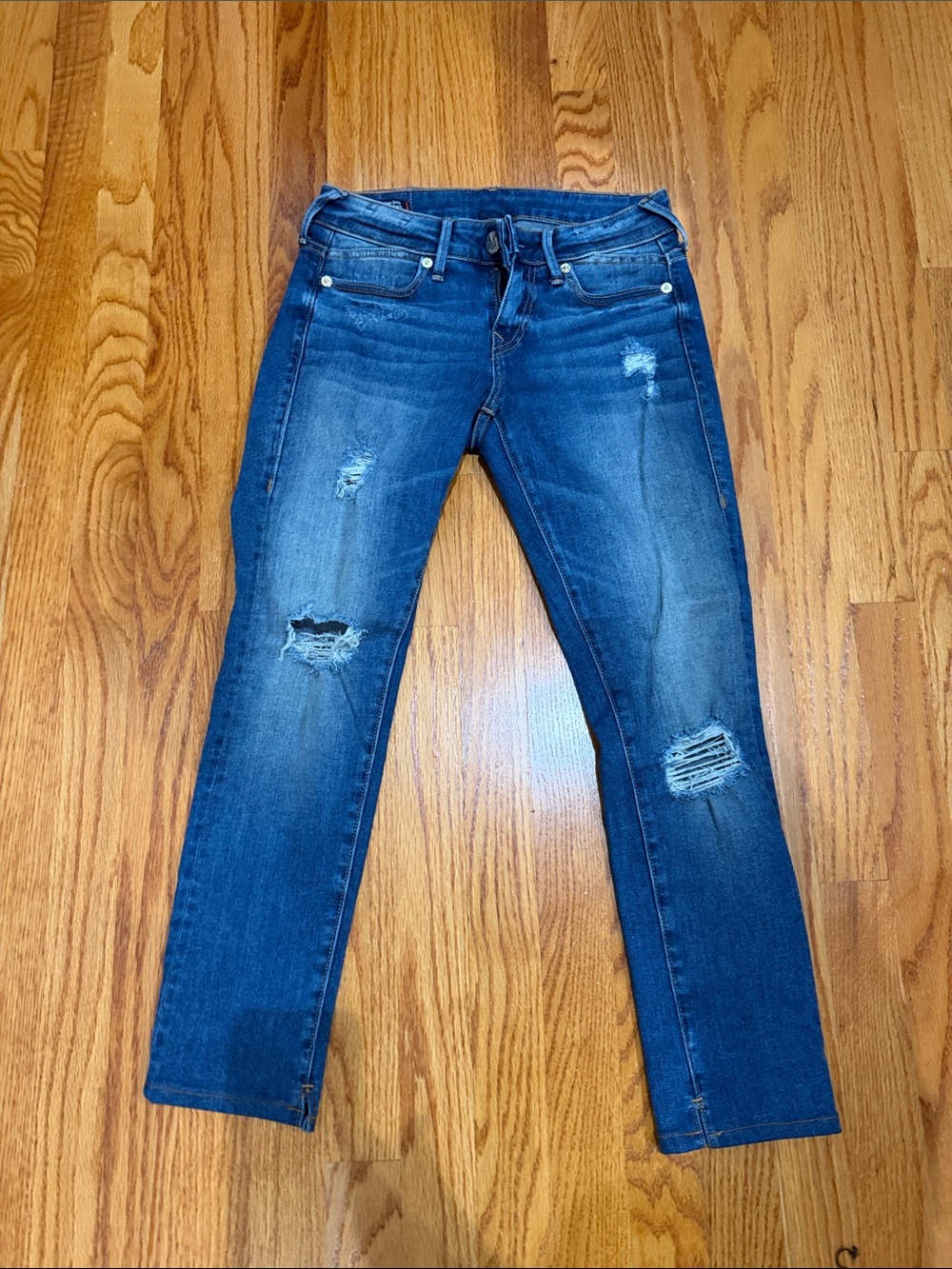 True Religion Women's Dark Blue Skinny Jeans with Distressed Knees slim fit